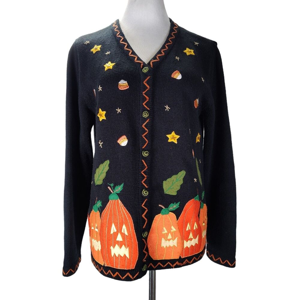 Vintage 90s Halloween Jack O Lantern Cardigan Size M Black Ramie Cotton